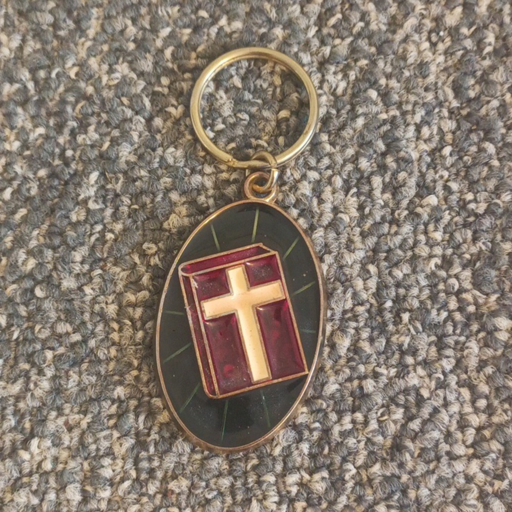 Bible cross keychain green red cream gold tone